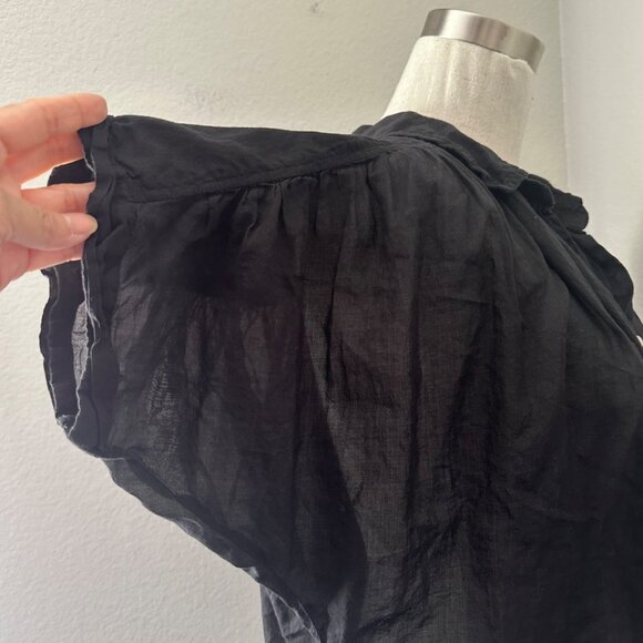 Mother Button Up Blouse V Neck Short Sleeve Loose Fit Cotton Minimalist Black - Picture 5 of 9